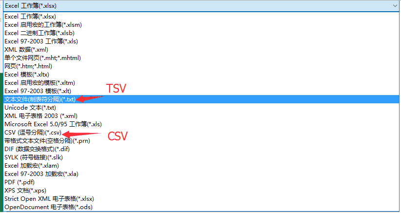 Excel另存为中的“制表符分隔”文本文件就是所谓的TSV