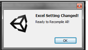 对Excel文件改动后，Unity会监测到变更，点击OK，就会重新编译